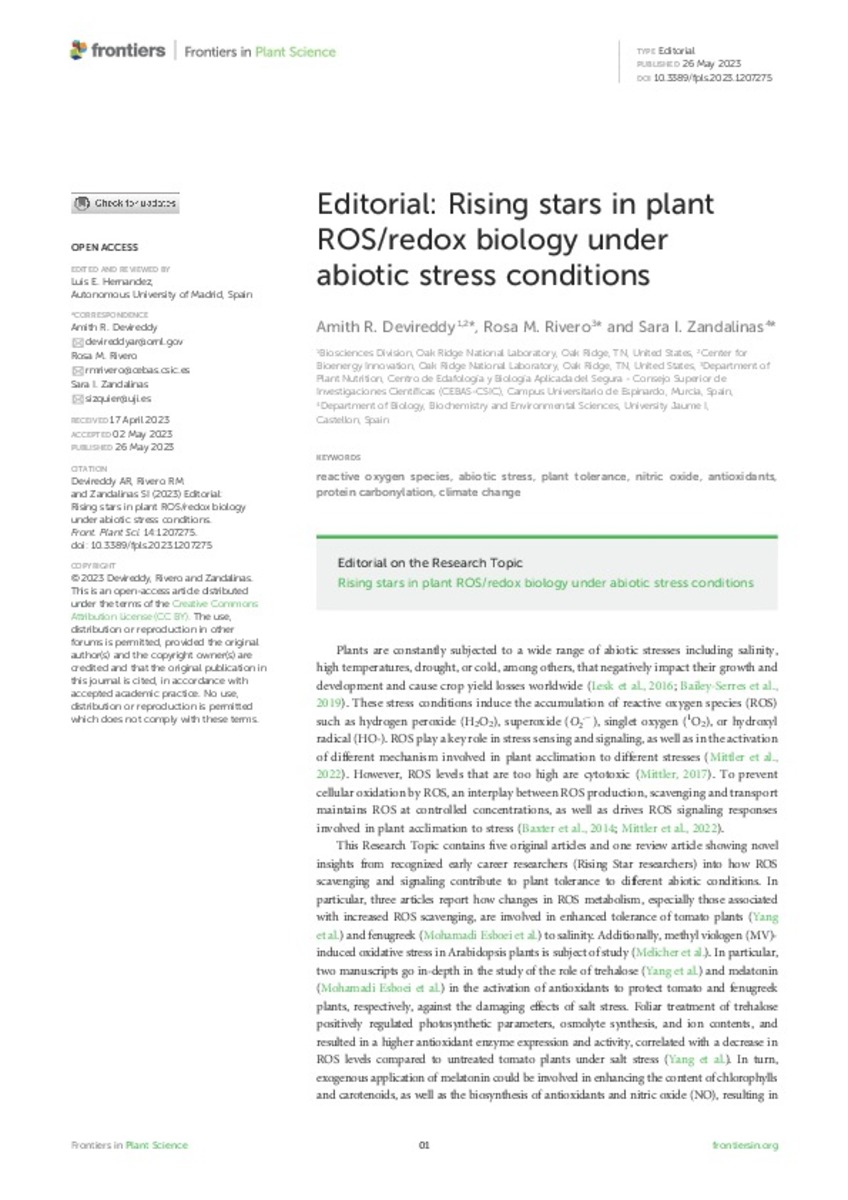 Editorial: Rising stars in plant ROS/redox biology under abiotic